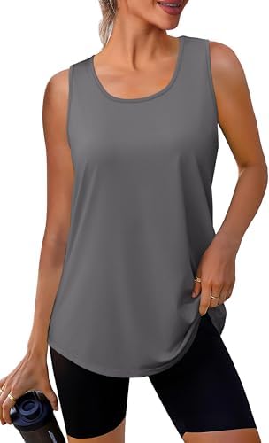 Soft heather grey knit and a breezy curved hem keep this active tank light on hot morning runs.