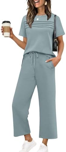 Lightweight spacer knit in serene lake blue gives this cropped matching set an airy drape for warm travel days.