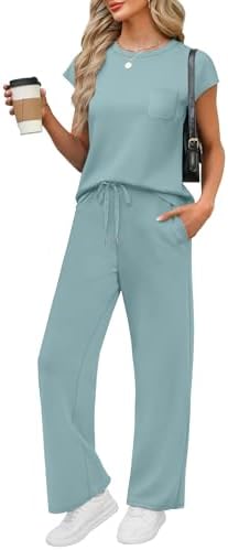 Cool lake blue spacer knit pairs a cap sleeve crew top with high waist wide leg pants for easy travel days.