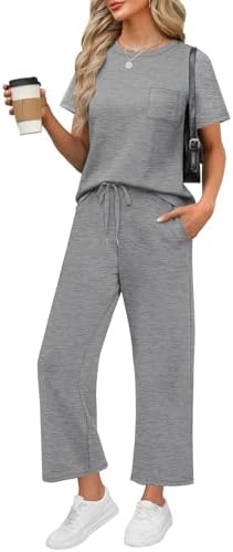 Heather grey spacer knit shapes this breezy two-piece set, pairing a crewneck tee with cropped wide-leg pants.