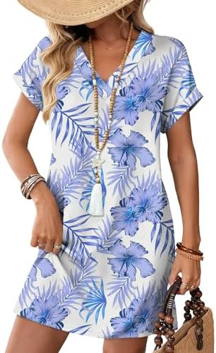 Crisp leafy greens and cool blues cover this breezy V-neck tshirt dress, cut loose with sewn cuffs and deep side pockets.