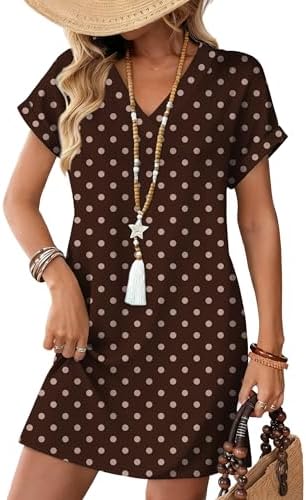 Spotted in warm brown polka dots, this relaxed t-shirt dress brings easy flow, cuffed sleeves, and side pockets to sunny days.