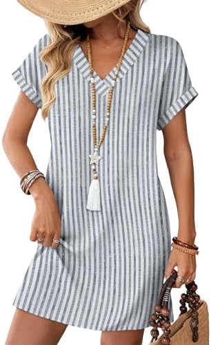 Muted grey blue striping meets an easy tshirt cut with cuffed short sleeves and hidden side pockets for everyday wear.