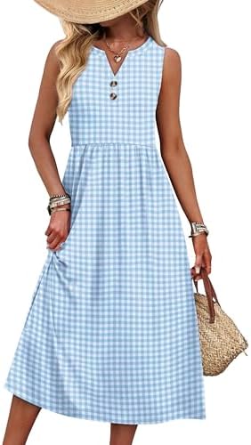 A breezy blue grid floral print brings crisp pattern to this button-front sundress, finished with side slits and hidden pockets.
