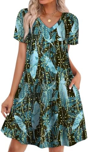 A deep V-neck tee dress in black blue sparkle print, cut with side pockets and an easy A-line drape.