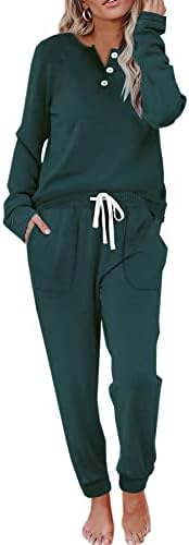 Deep dark green pairs with soft thermal fleece in this two-piece set, cut with a henley button top and matching pocketed pants.
