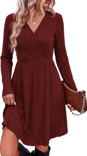 A deep wine ribbed knit with a crossover neckline, long sleeves, and practical side pockets for cooler evenings.