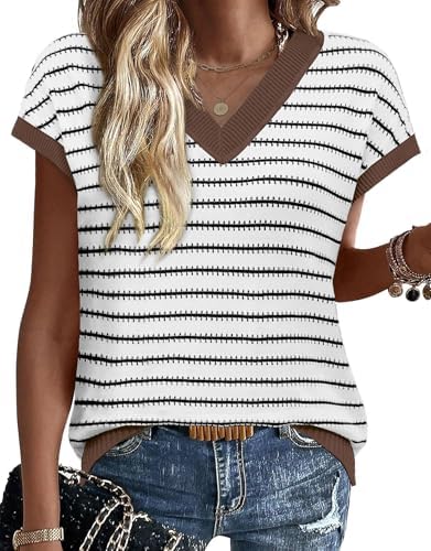 Open knit crochet stripes in white, black, and coffee give this breezy V-neck cap sleeve sweater an easy summer-to-fall transition.