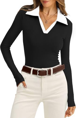 Crisp white accents frame this ribbed black polo top, tailored with long sleeves for neat everyday wear.