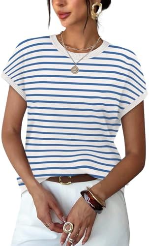 Knitted with crisp nautical horizontal stripes, this cap-sleeve sweater keeps warm-weather dressing light and uncomplicated.