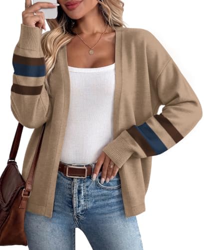 Striped cuffs and an open front turn this deep coffee knit cardigan into a lightweight layer for cool mornings.