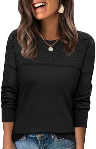 A crochet front panel gives this black long sleeve knit texture that dresses up easily for work or evening plans.