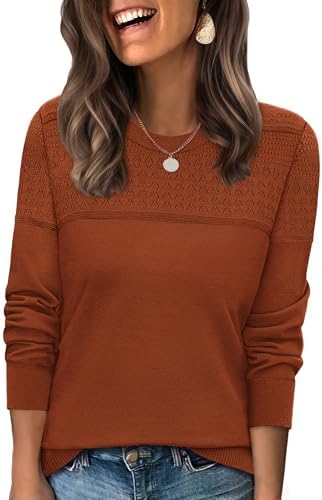 A crochet front panel in rich caramel tones gives this long sleeve crewneck sweater plenty of texture for cooler days.