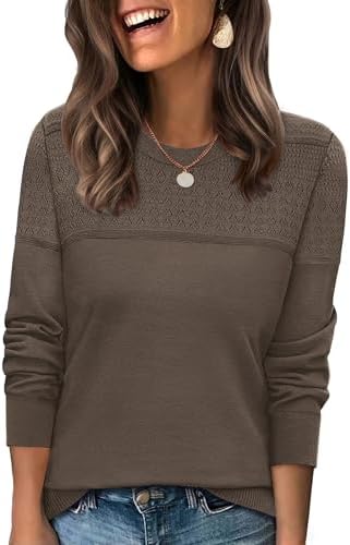 A rich coffee brown cable pullover featuring open crochet detailing across the chest and long sleeves for cooler evenings.