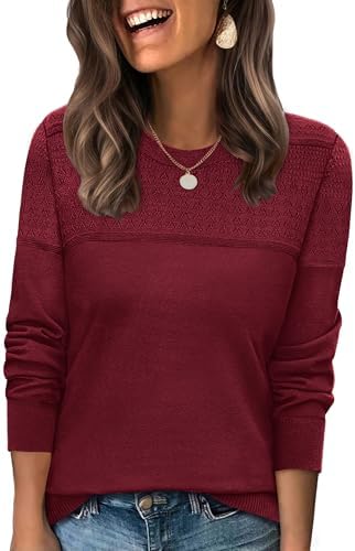 A deep winered knit combines open crochet detailing across the front with soft, dense long sleeves for breezy evenings.