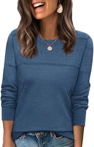 A crochet front panel gives this soft blue cable knit pullover enough texture to pair easily with weekday trousers or denim.