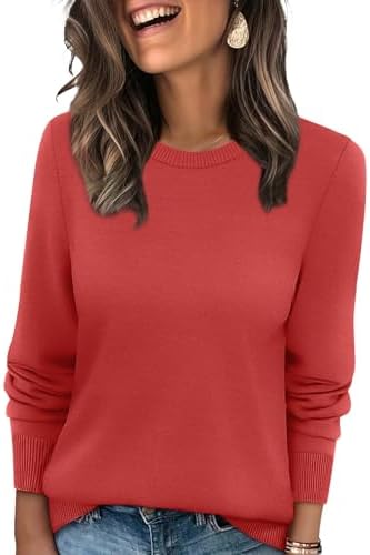 A rich red ribbed knit gives this lightweight crewneck sweater warmth and vibrant color for crisp fall days.