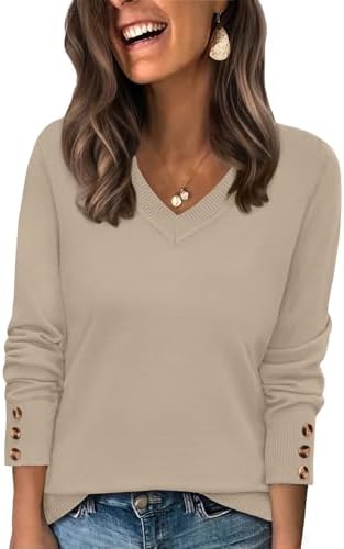Knitted in neutral light khaki with three decorative cuff buttons, this wide V-neck pullover layers easily for cool weather.