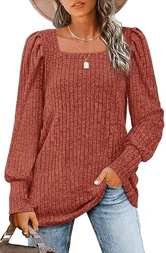 Puff sleeves and a neat square neckline define this stretch knit top, saturated in a warm caramel hue for crisp weather.