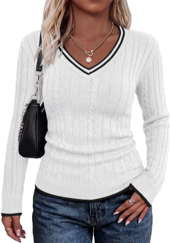 Crisp white cable knit brings clean texture to this slim V-neck pullover, trimmed with subtle color block edges.