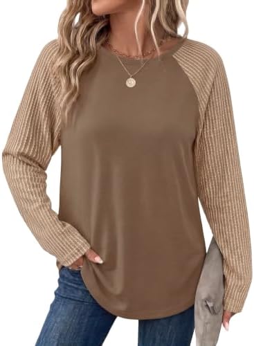 Spliced raglan sleeves in ribbed coffee knit pair with a soft khaki bodice for an easy, hip-length layer on cooler days.