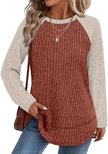 Soft ribbed knit in paneled apricot caramel brings warm autumn tones to an easy high-low tunic cut with deep side slits.