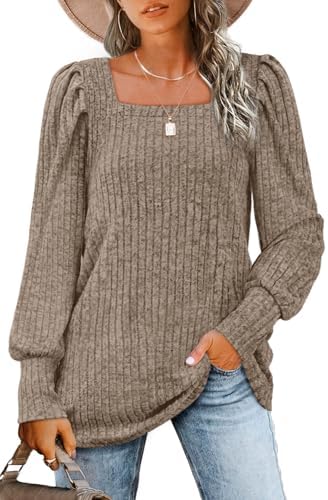 A rich coffee brown knit shapes this long sleeve top with volume at the shoulders and a wide square neckline.