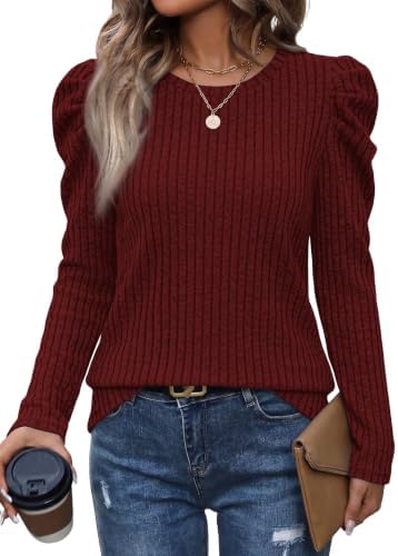 Gathered puff sleeves and rich red color blocking add shape to this lightweight crewneck knit for cooler days.