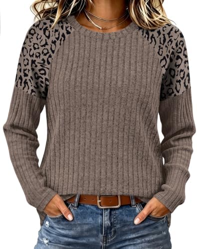 Leopard print raglan sleeves bring subtle texture to this soft brown stretch-knit top made for cool-weather layering.