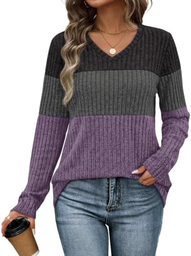 Muted grey purple color blocking brings a fresh, modern tone to this soft lightweight long sleeve sweater cut with an easy V-neckline.