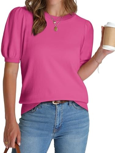 A vivid hot pink knit top cut with structured puff sleeves and a tidy ribbed hem for easy summer days or bright office layers.