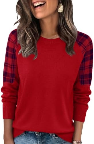 Rich red knit body pairs with patterned raglan sleeves for an easy layer on crisp early mornings.