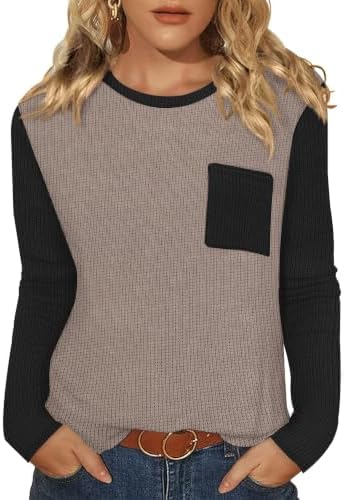 Soft textured waffle knit meets a warm color block khaki palette in this relaxed round-neck top for cool mornings.