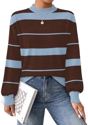 Rich earthy brown stripes meet cool blue bands across this soft mock neck pullover designed with gentle puff sleeves.