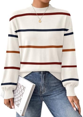 Horizontal bands of rainbow knit turn this mock-neck sweater into an easy, cheerful layer for cool mornings and long school days.