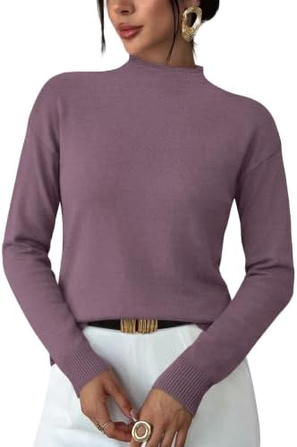 A soft mock neck sweater knit in muted dusty purple that tucks cleanly into tailored work trousers or weekend denim.