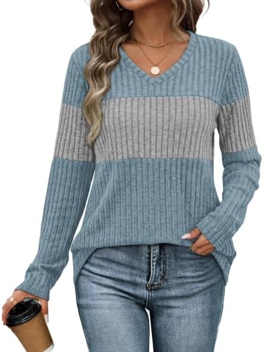 Color blocked panels in muted blue grey give this lightweight long sleeve top a calm, balanced tone for cooler days.