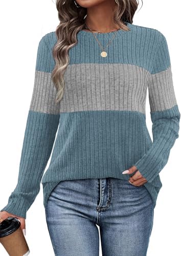 Geometric blocks of cool slate and soft grey give this lightweight long-sleeve knit a calm, balanced look.