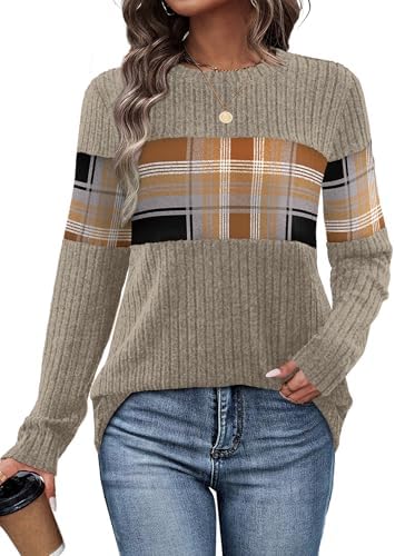 Earthy plaid panels pair with rich brown blocking across the chest and long sleeves in this lightweight knit top.