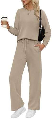 Lightweight khaki knit shapes this breezy two-piece set, combining a classic crew neck with relaxed wide-leg lounge pants.