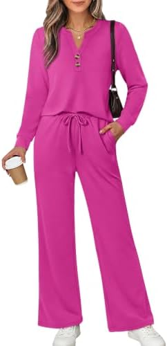 Bright hot pink sets the tone for this spacer knit duo, pairing a notched V-neck top with easy wide-leg bottoms.