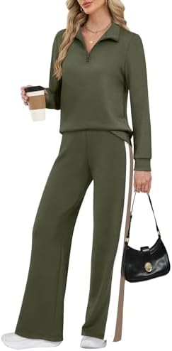 A half zip pullover and wide leg pants cut from drapey spacer knit in deep army green for travel days and cool mornings.
