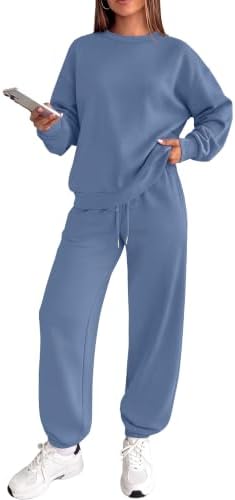 A soft blue two-piece lounge set with an oversized crewneck sweatshirt and relaxed joggers with tapered ankles.