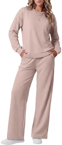 Soft pink stretch jersey pairs a crewneck top with wide-leg pants for easy lounging through cooler mornings and road trips.