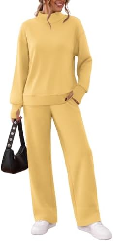 Bright yellow knit pairs a mock neck top with wide-leg pants for an easy, cheerful two-piece set designed for cooler days.