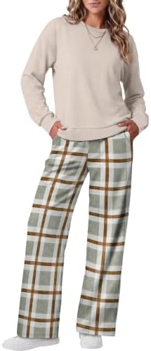 A relaxed crewneck top meets roomy wide-leg pants in our crisp white and khaki plaid knit for easy everyday lounging.