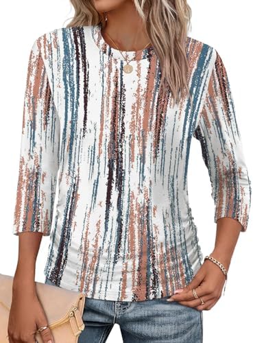 A soft tie dye white tunic cut with three-quarter sleeves and gathered side ruching for warm days and breezy nights.