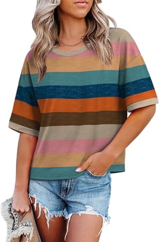 Horizontal stripes in warm brown give this boxy half-sleeve tee an easy, grounded look for relaxed summer mornings.