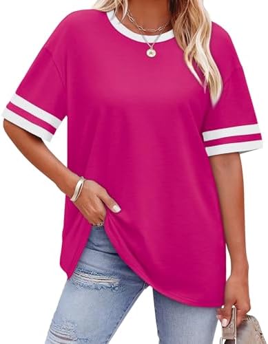 Striped cuff bands give this soft pink crewneck tee an easy, distinct accent that works with plain denim all summer.