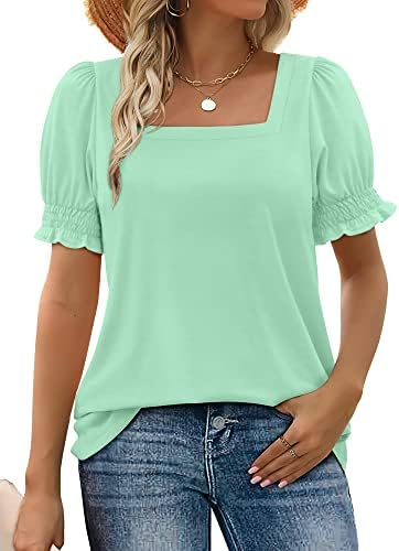 A crisp aqua knit tee cut with ruffled short sleeves and an open square neckline for warm sunny days.